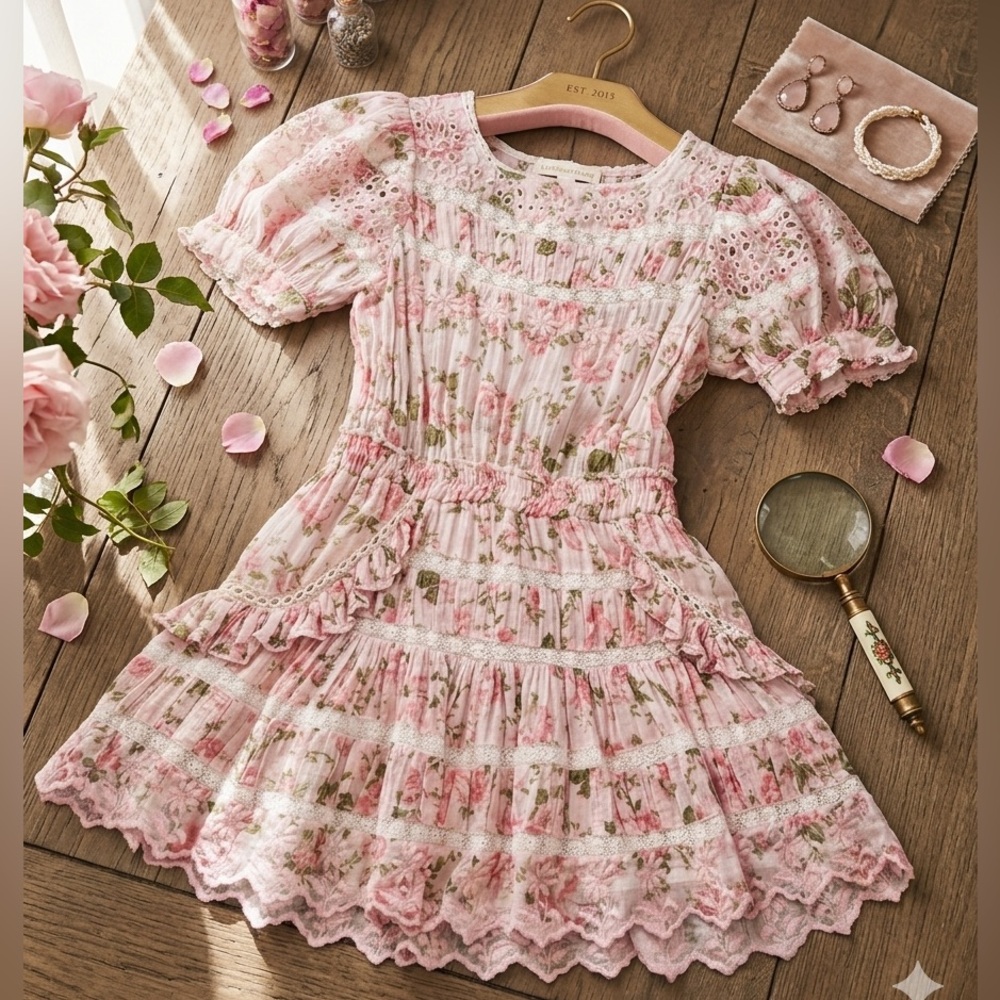 LoveShackFancy Augustine Pink Floral Cotton Eyelet Mini Dress - "Loves Me" Print